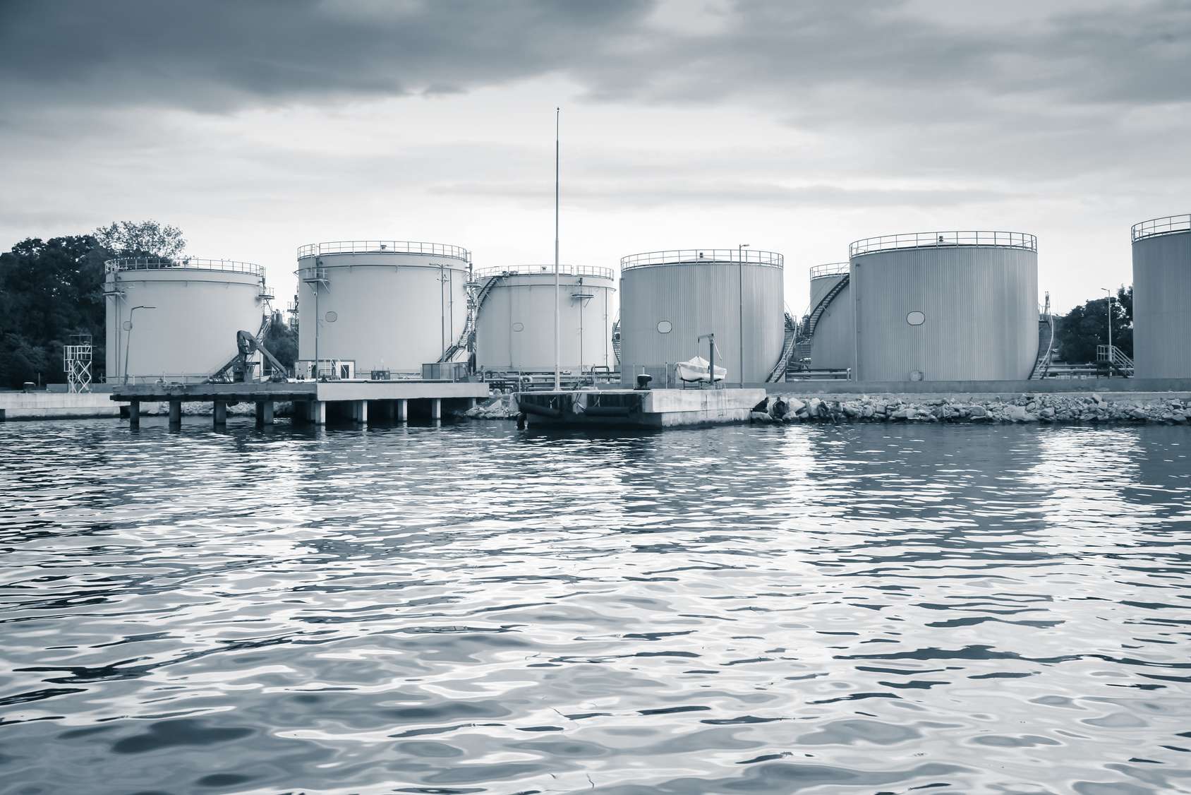 Metal oil tanks on the sea coast in Varna port